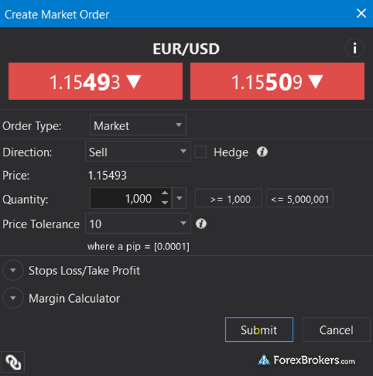 FOREX.com ATPro desktop trading platform trade ticket order window FOREX.com ATPro desktop trading platform trade ticket order window